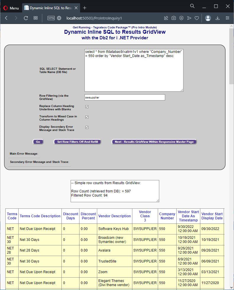 Dynamic Inline SQL to Results GridView picture from Get Running - Tegratecs Code Package